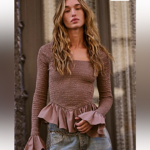 Free People Tops - Free People Tropical Vibes Smocked Peplum Long Sleeve Top-Brown